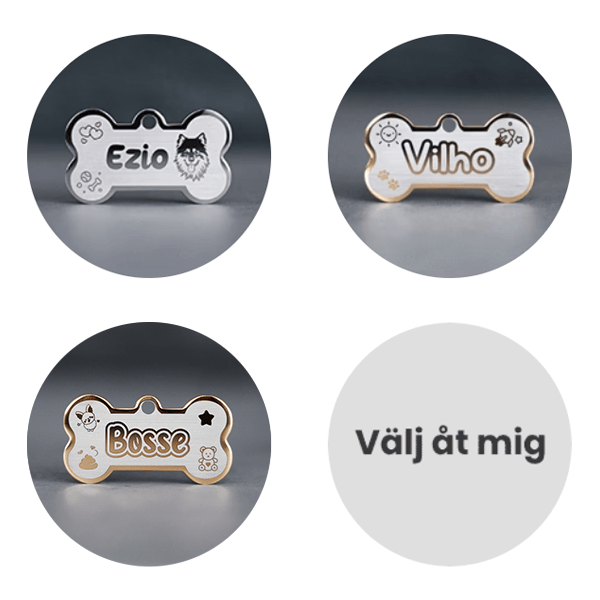 Exempelbild som visar olika designer/stilar/konturer som kan väljas på namnbrickans text.