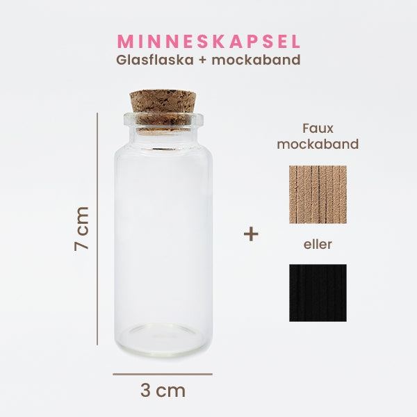 En glasflaska med kork, med mått tillsammans mockaband i färgerna beige eller svart