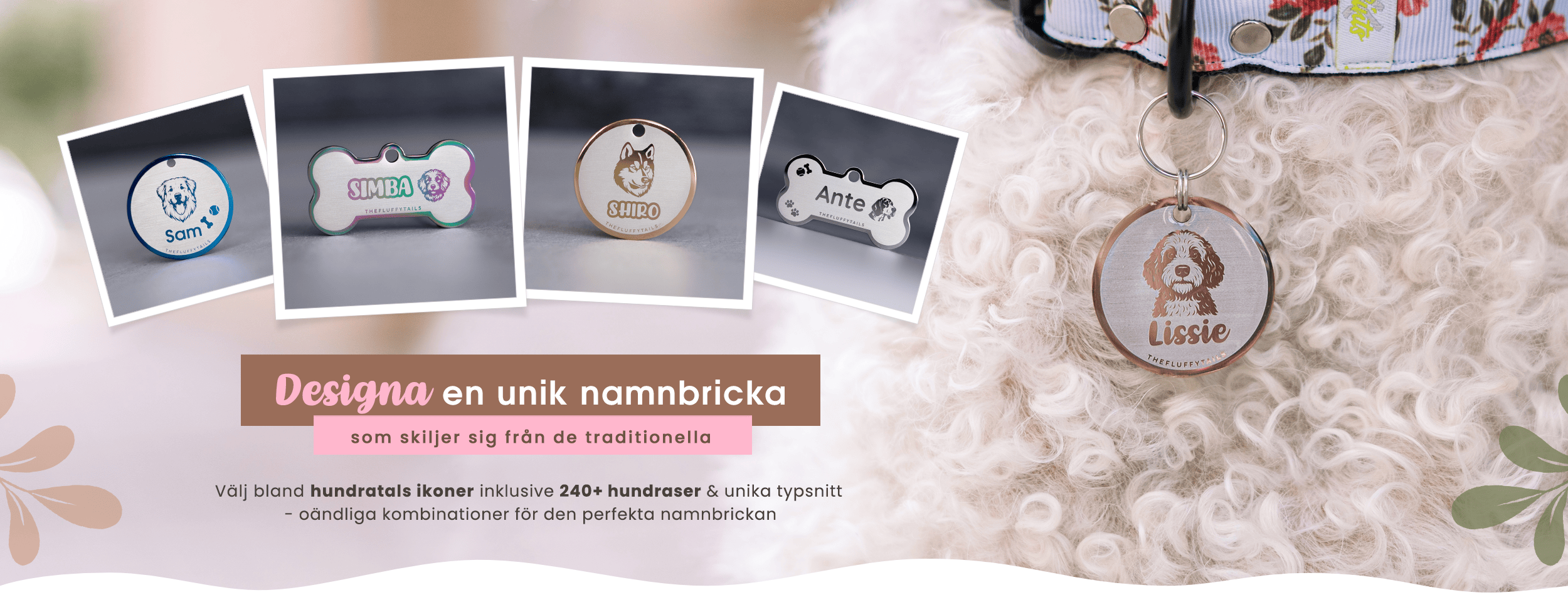 5 namnbrickor, hundbensformade och runda i blå, multifärg, guld, silver och roséguld med olika designer och hundraser, pyrenéer, goldendoodle. siberian husky, beagle och portugisisk vattenhund.