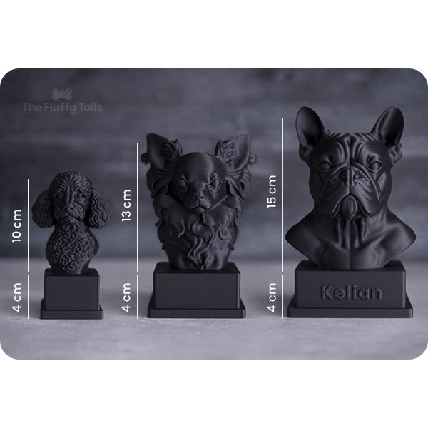 3 svarta 3D printade hundskulpturer av raserna dvärgpudel, långhårig chihuahua och en fransk bulldog