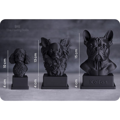 3 svarta 3D printade hundskulpturer av raserna dvärgpudel, långhårig chihuahua och en fransk bulldog