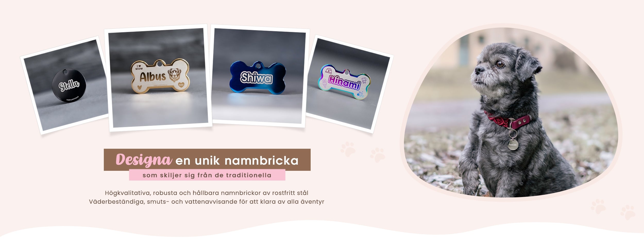 Banner med bilder på designade namnbrickor