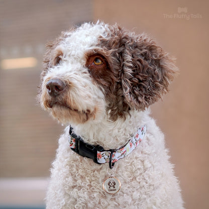 Spansk vattenhund i en rund namnbricka i roséguld med porträttbild av sig själv