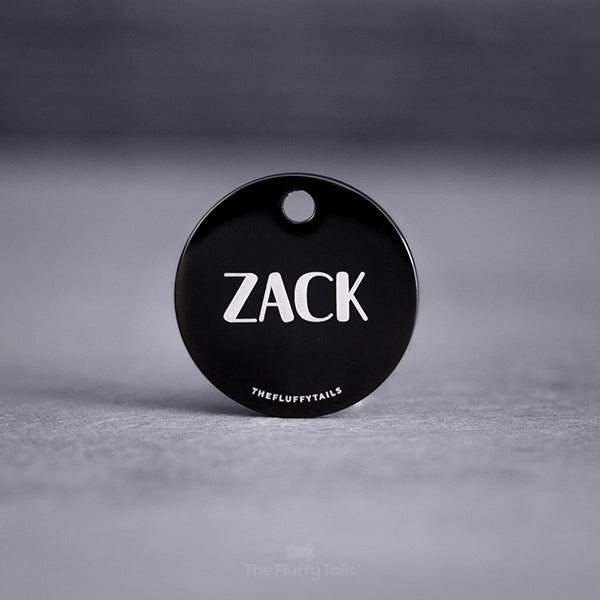 Rund, svart ID-bricka av rostfritt stål med personlig gravyr, passar hundar och katter