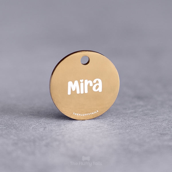 Rund guldfärgad namnbricka för hund och katt, graverad med namn i ett lekfullt typsnitt med ett hjärta över i:et