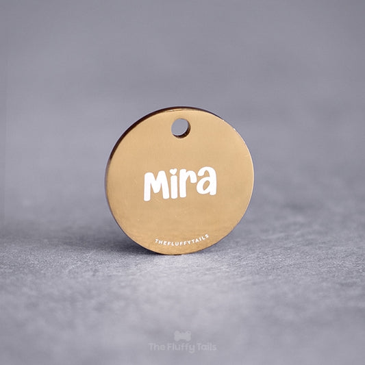 Rund guldfärgad namnbricka för hund och katt, graverad med namn i ett lekfullt typsnitt med ett hjärta över i:et