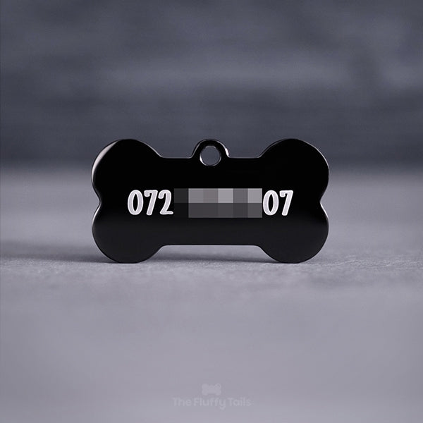 Hundbensformad svart namnbricka, graverad med telefonnummer