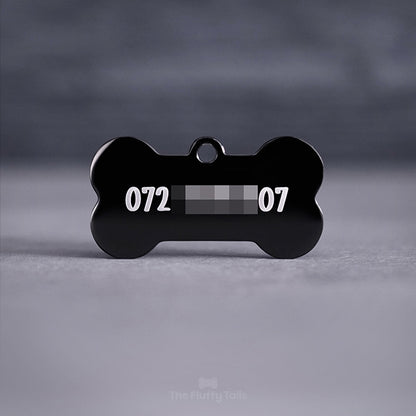 Hundbensformad svart namnbricka, graverad med telefonnummer