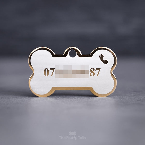 Guldig hundbensformad namnbricka av rostfritt stål med egen gravyr för hundar och katter, graverad med ägarens telefonnummer och ikon av en telefon