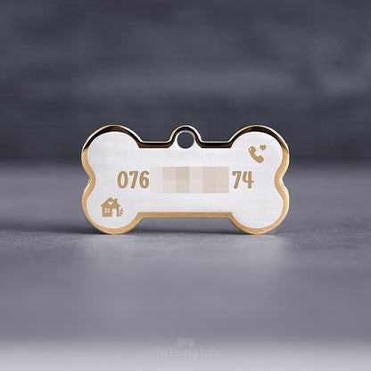 Guldig hundbensformad namnbricka av rostfritt stål med egen gravyr för hundar och katter, graverad med ägarens telefonnummer och ikon av en telefon och ett hus