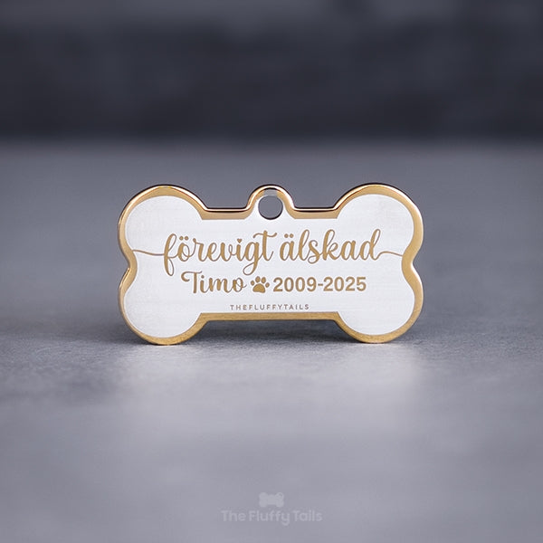 Guldfärgad nyckelring av rostfritt stål med personlig gravyr med texten förevigt älskad samt husdjurets namn och datum, till minne av ett husdjur som har gått bort, passar alla djur, tex hund, katt, smådjur.