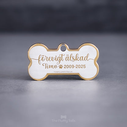 Guldfärgad nyckelring av rostfritt stål med personlig gravyr med texten förevigt älskad samt husdjurets namn och datum, till minne av ett husdjur som har gått bort, passar alla djur, tex hund, katt, smådjur.