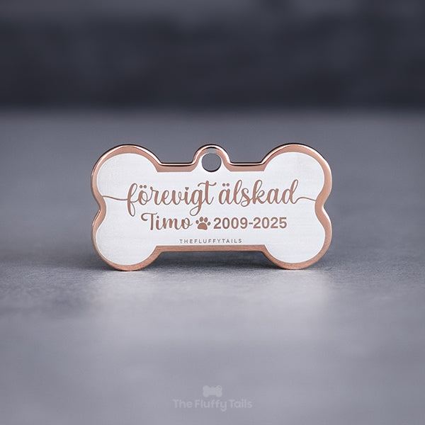 Minnesbricka av rostfritt stål i färgen roséguld med personlig gravyr med texten förevigt älskad samt husdjurets namn och datum, till minne av ett husdjur som har gått bort, passar alla djur, tex hund, katt, smådjur att ställa inomhus och utomhus gravplats eller minneslund