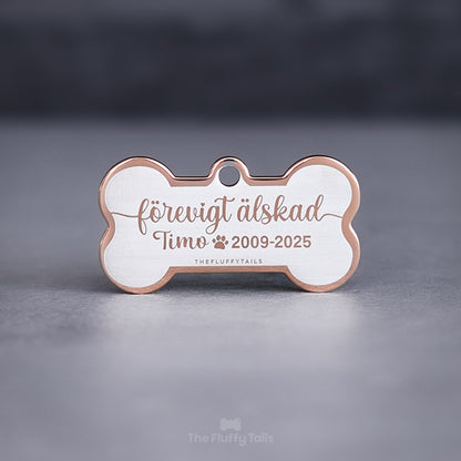 Minnesbricka av rostfritt stål i färgen roséguld med personlig gravyr med texten förevigt älskad samt husdjurets namn och datum, till minne av ett husdjur som har gått bort, passar alla djur, tex hund, katt, smådjur att ställa inomhus och utomhus gravplats eller minneslund