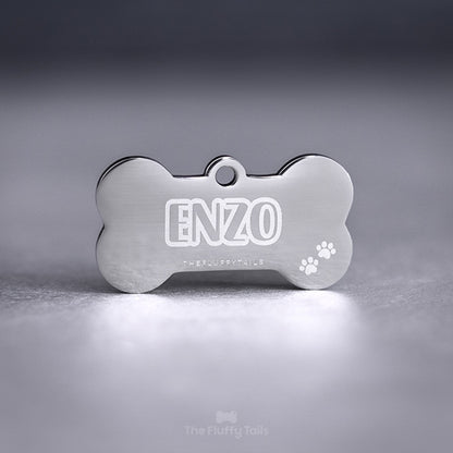 Polerad namnbricka av rostfritt stål för hund och katt, tillverkad av rostfritt stål, silverfärgad med personlig gravyr av djurets namn och tassavtryck