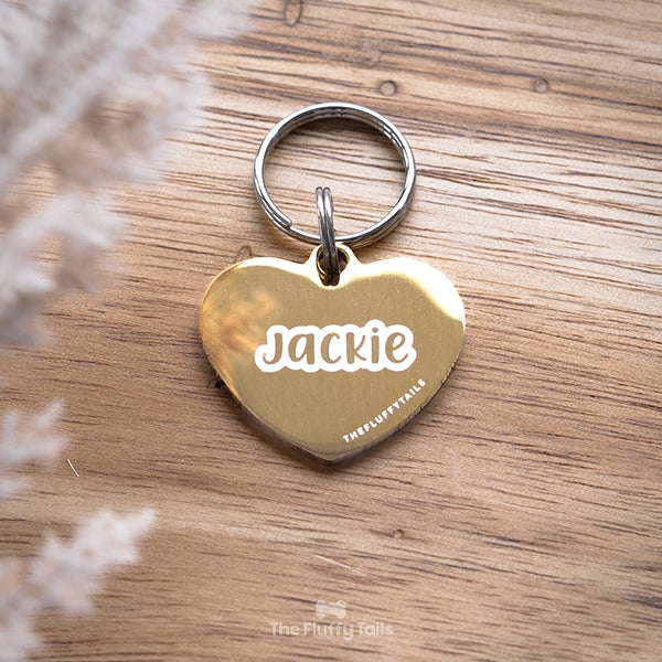 Hjärtformad, guldig hundnamnbricka, kattnamnbricka, av rostfritt stål med blank spegelpolering, graverad med namn.