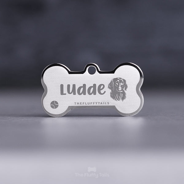 Silvrig hundbensformad, egendesignad namnbricka av rostfritt stål, graverad med hundens namn och en tennisboll samt en hund av hundrasen röd golden retriever.