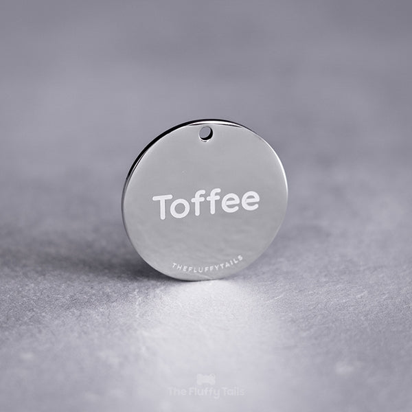 Rund, silvrig ID-bricka av rostfritt stål, graverad med djurets namn. Passar både hundar och katter.
