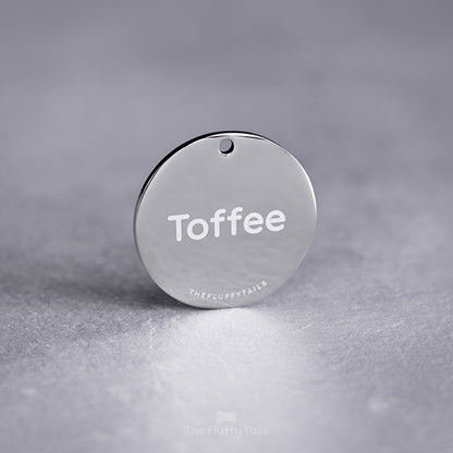 Rund, silvrig ID-bricka av rostfritt stål, graverad med djurets namn. Passar både hundar och katter.