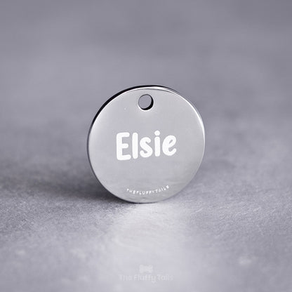 Silvrig, rund namnbricka av rostfritt stål, graverad med hundens/kattens namn.