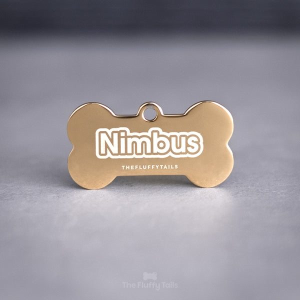 Graverad hundbricka i guld av rostfritt stål med namn, personlig namnbricka för hund i benform.