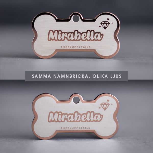 Hundbensformad namnbricka i roséguld (i olika ljus)