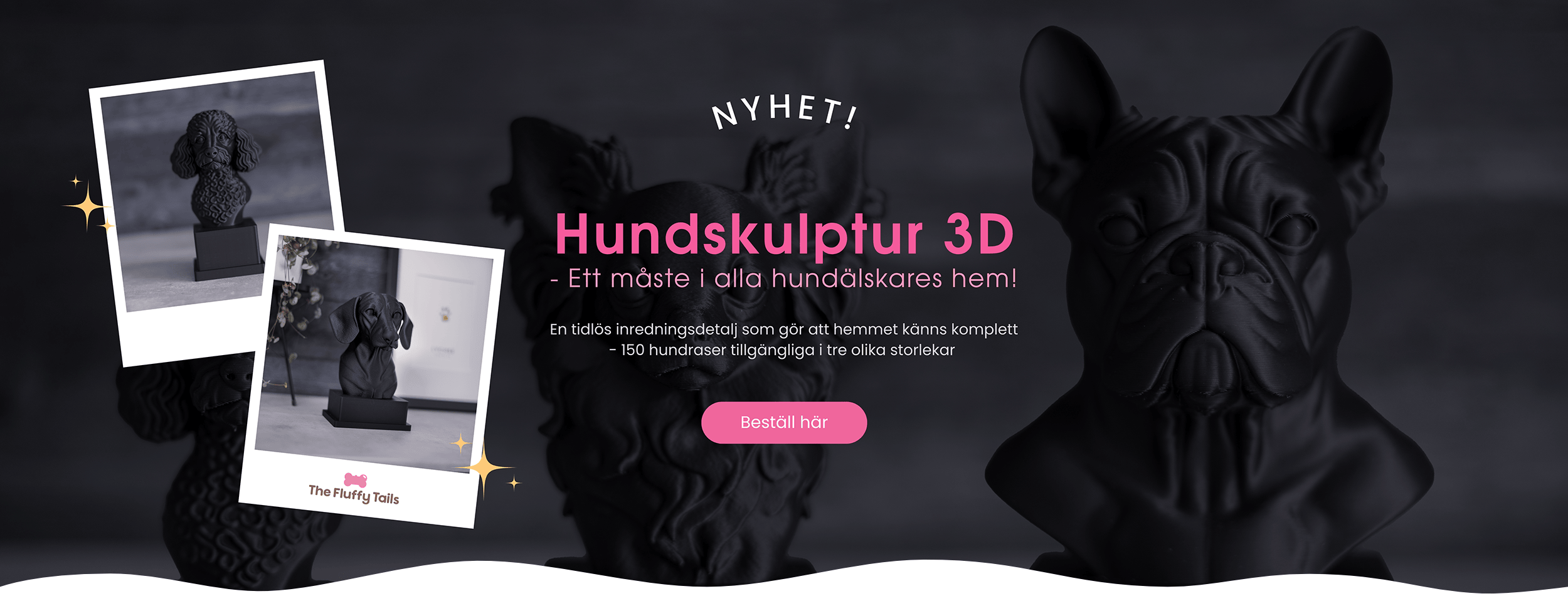 Banner med bilder och text på 3D printad hundskulptur