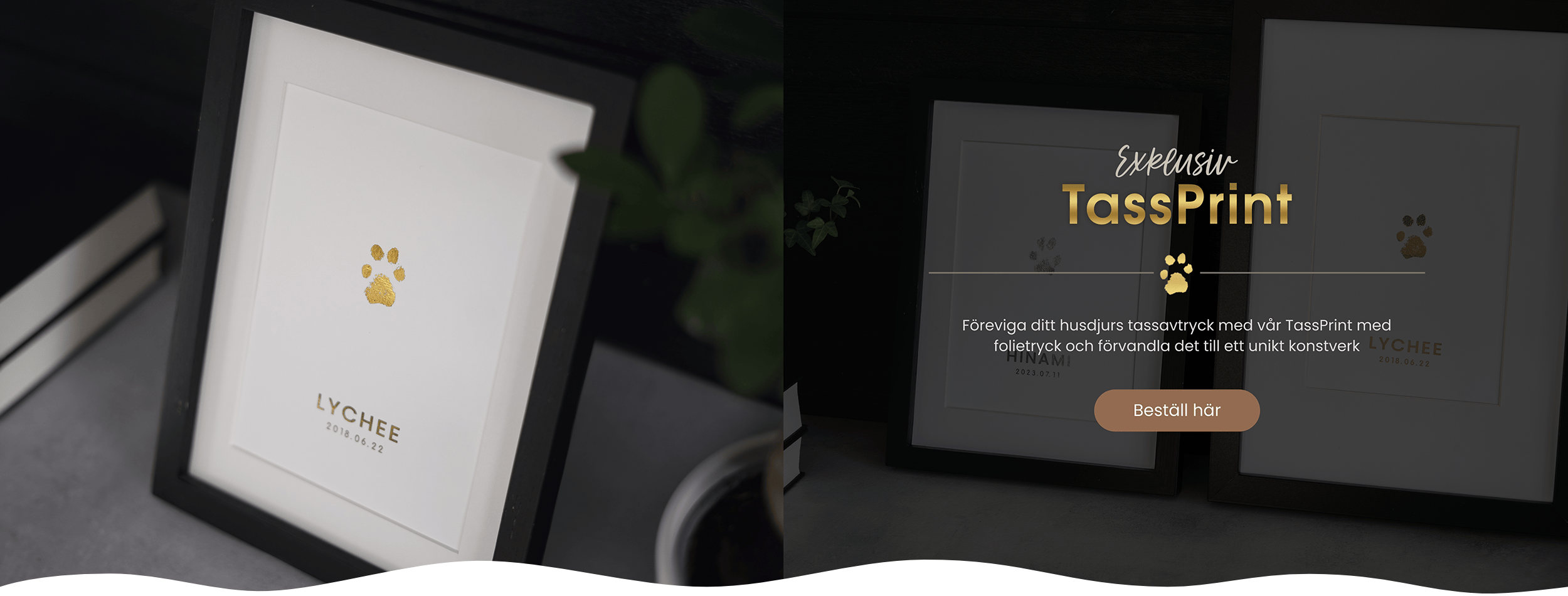 Banner med bilder och text på TassPrint med guldigt och silvrigt folietryck 