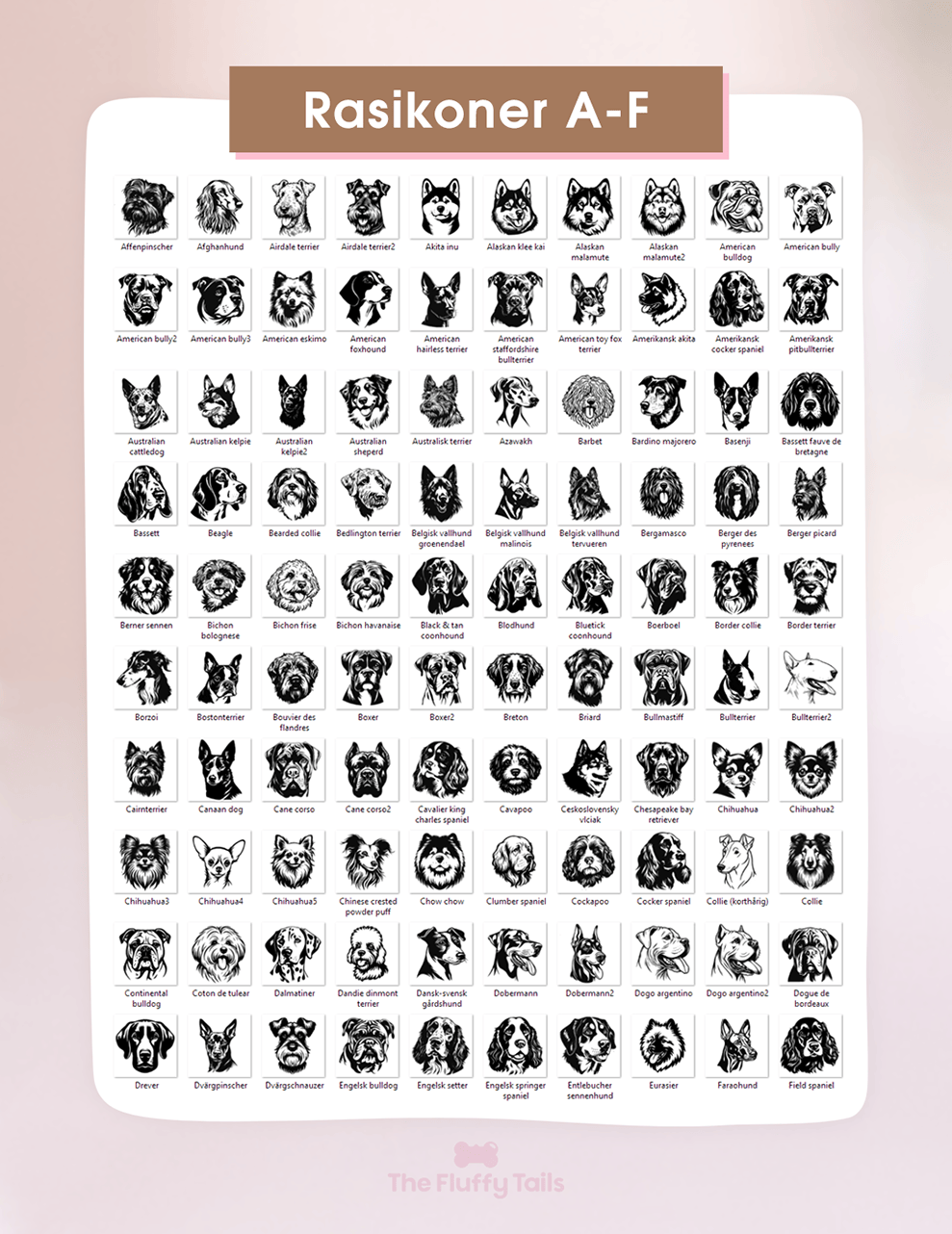 Överskådlig bild på alla hundraser man kan välja till våra DESIGN namnbrickor