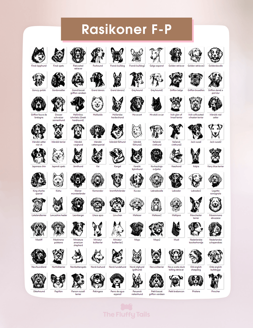 Överskådlig bild på alla hundraser man kan välja till våra DESIGN namnbrickor