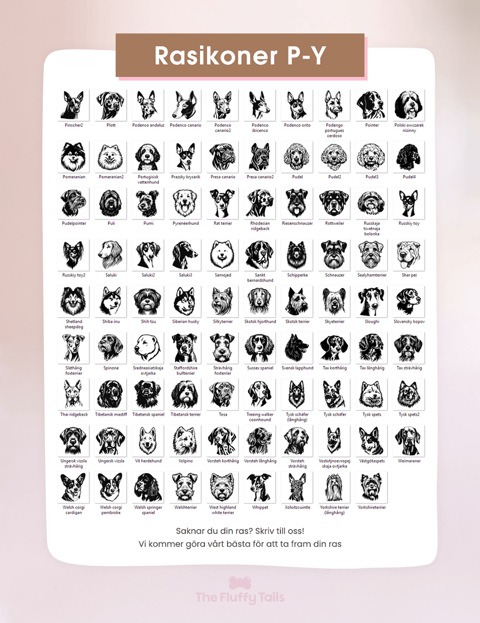 Överskådlig bild på alla hundraser man kan välja till våra DESIGN namnbrickor