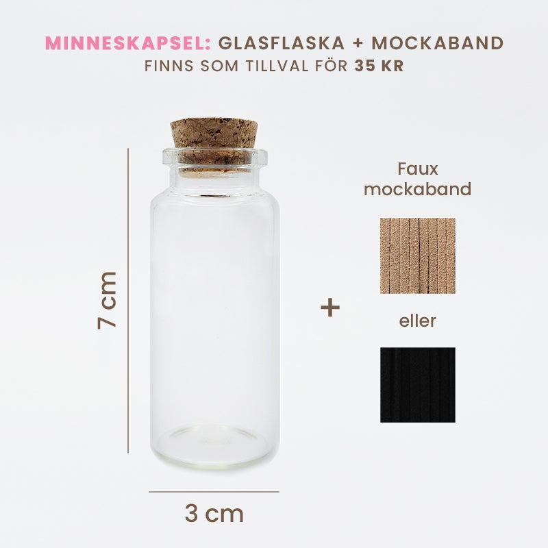 Till minne av ett husdjur som har gått bort. Glasflaska med kork och faux mockaband att förvara minnen i.