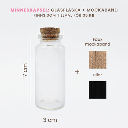 Till minne av ett husdjur som har gått bort. Glasflaska med kork och faux mockaband att förvara minnen i.