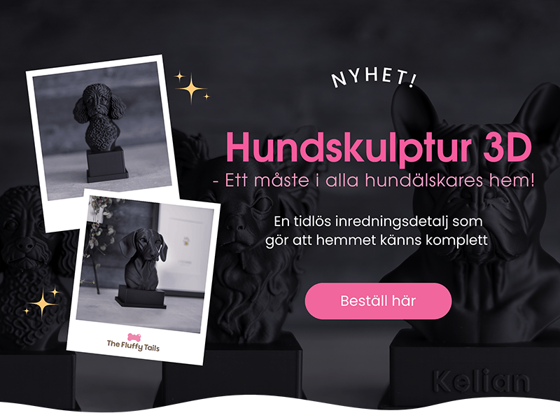 Banner med bilder och text på 3D printad hundskulptur