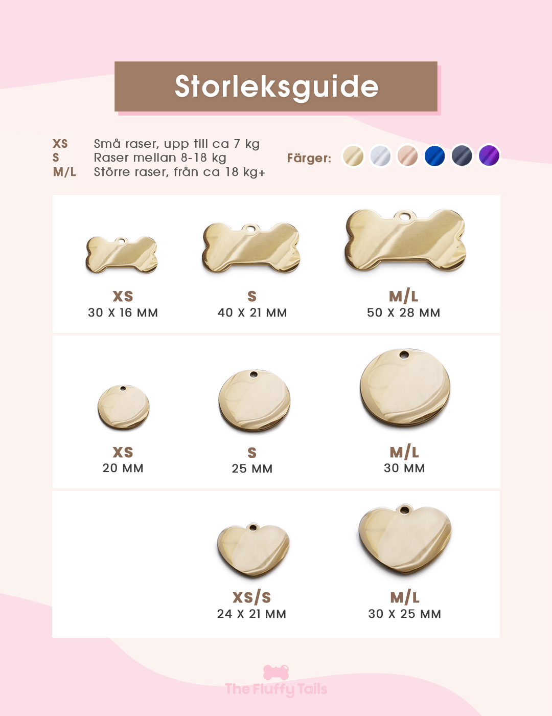 Storleksguide med mått, färger och former på alla våra namnbrickorsamt storleksrekommendationer