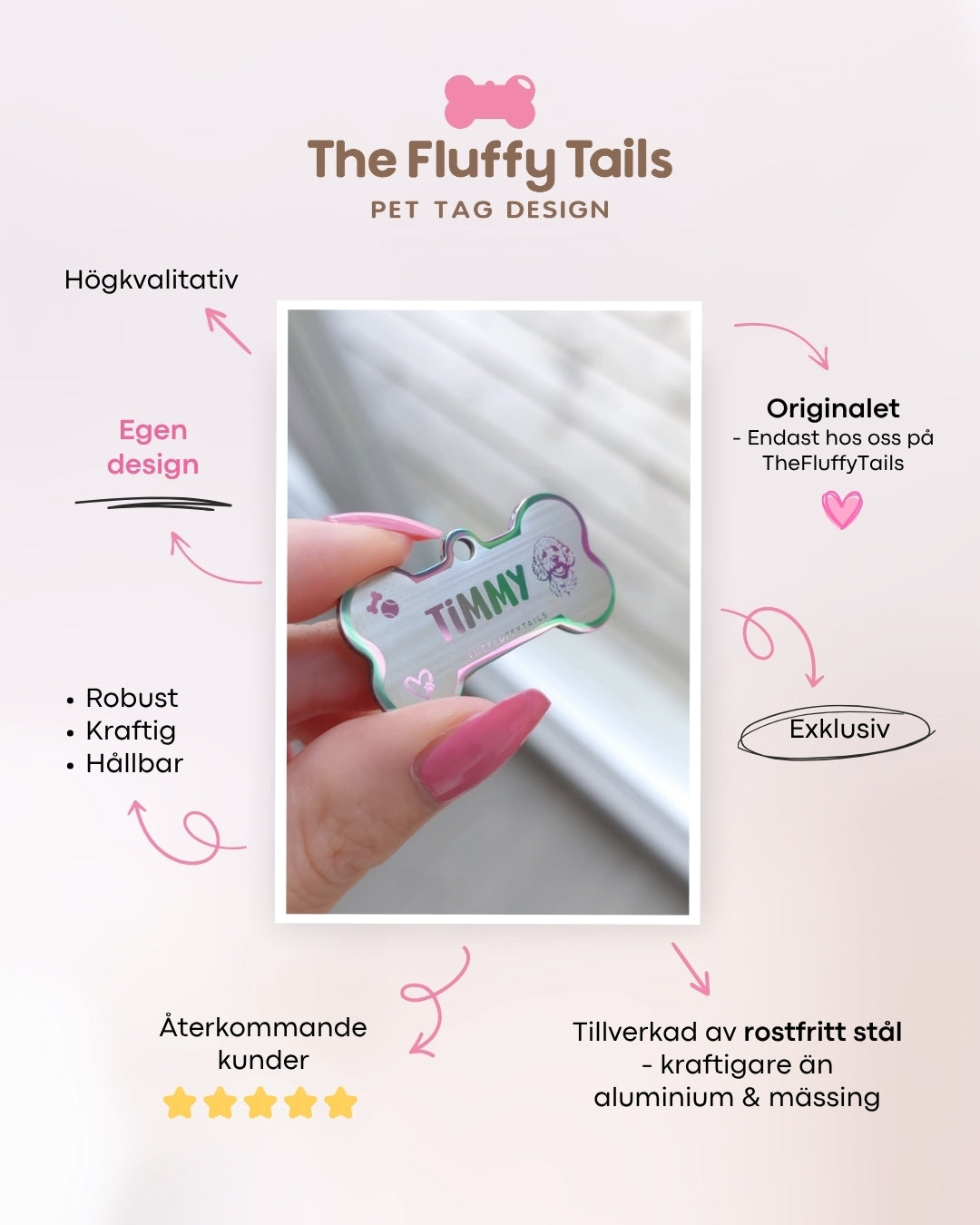 The Fluffy Tails namnbrickors egenskaper, egen design, rostfritt stål