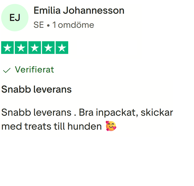 Verifierad, 5-stjärnigt trustpilot omdöme av en kund 