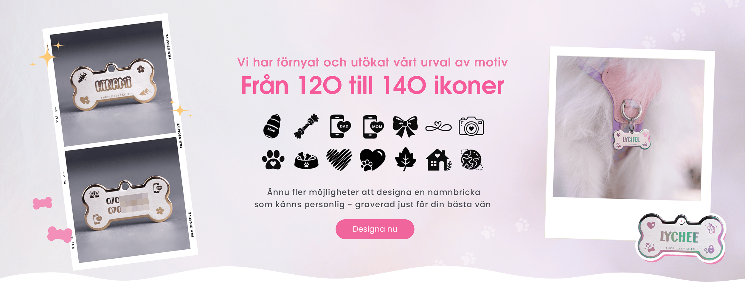 Banner med information om nya ikoner till egendesignade id-brickor med bilder på graverade namnbrickor av rostfritt stål med de nya ikonerna samt