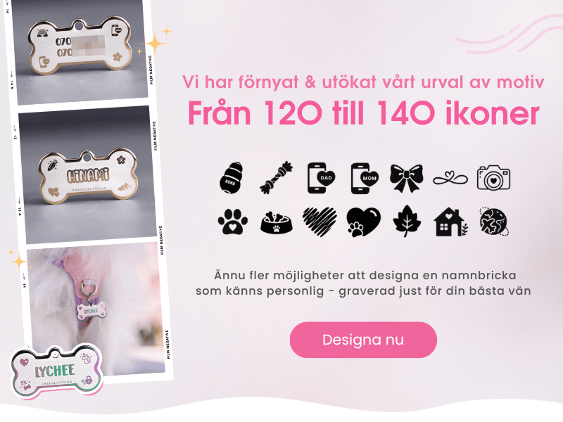 Banner med information om nya ikoner till egendesignade id-brickor med bilder på graverade namnbrickor av rostfritt stål med de nya ikonerna samt