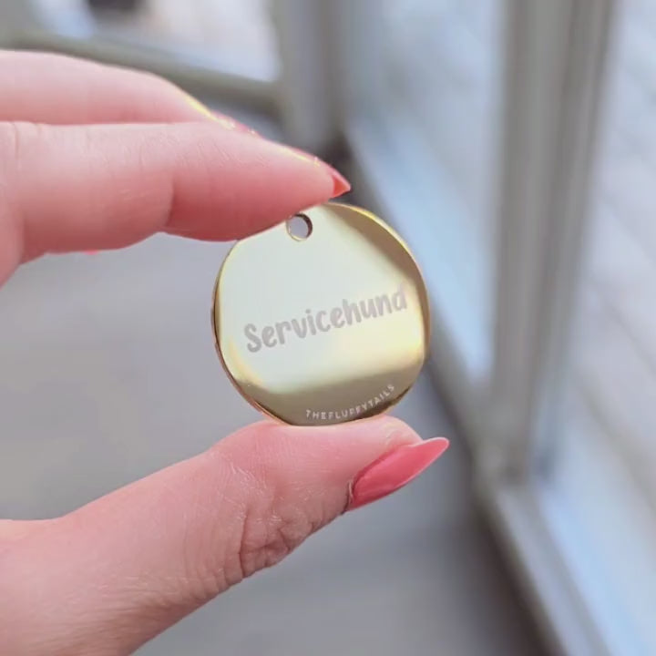 Rund guldig hundnamnbricka graverad till en servicehund, passar även katter