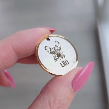 Rund namnbricka i guld färg, graverad med egen design på en fransk bulldog och hundens namn. Namnbrickor passar även katter.
