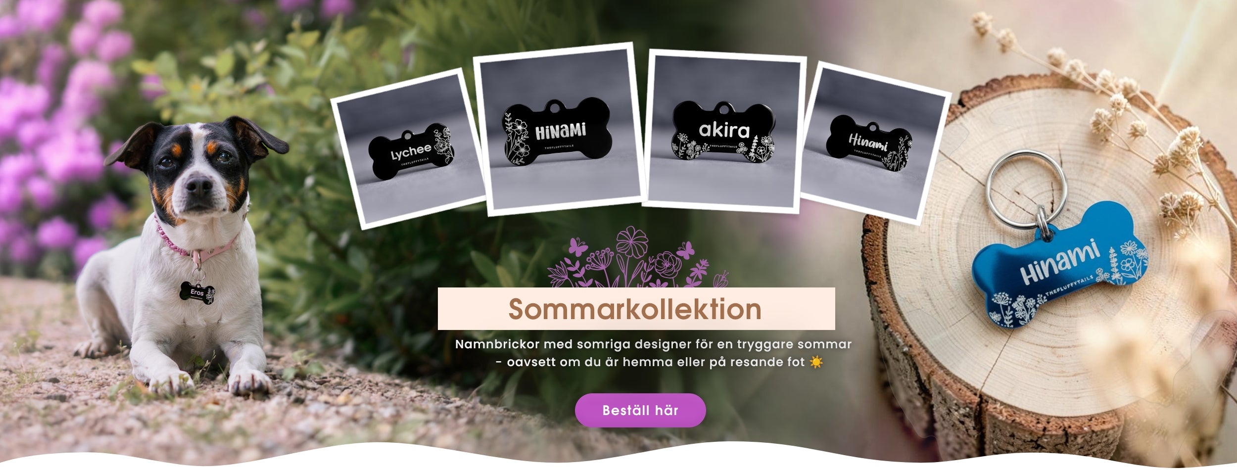 Somrig banner med hund som bär svart namnbricka från The Fluffy Tails samt flera exempel på sommarkollektionens blommiga designer för hundar.