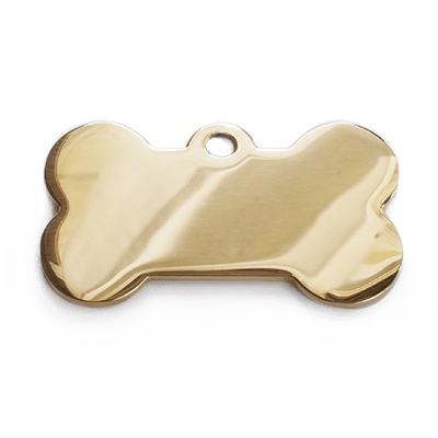 Namnbricka, guldig i hundbensform, till hundar